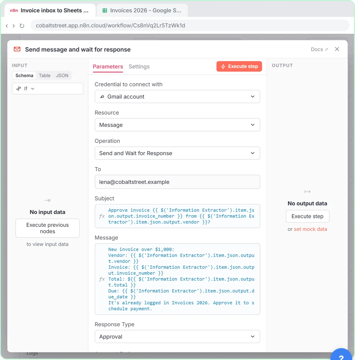 Gmail Send message and wait for response emailing the owner the vendor, invoice, total and due date, with Response Type set to Approval