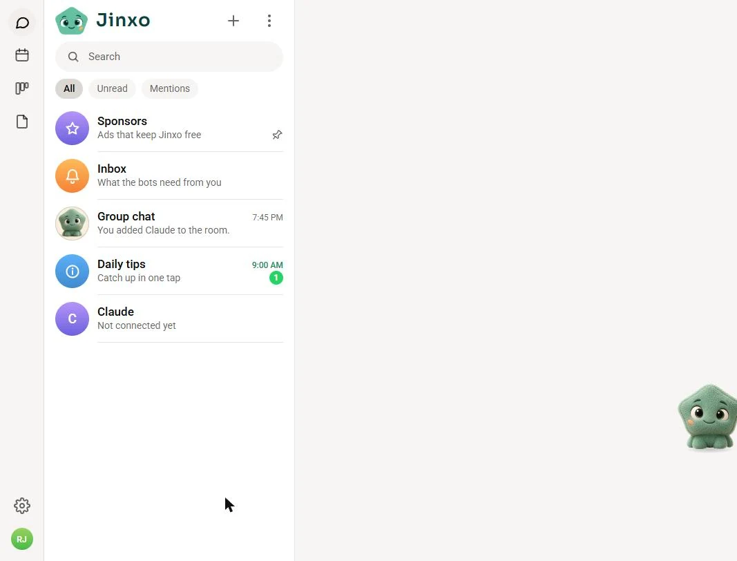 The Jinxo rooms list: Sponsors, Inbox, Group chat reading You added Claude to the room, Daily tips, and a Claude row that says Not connected yet