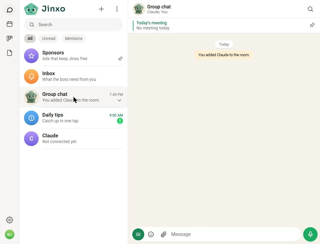 An empty Jinxo Group chat with Claude and You in the header and the note You added Claude to the room
