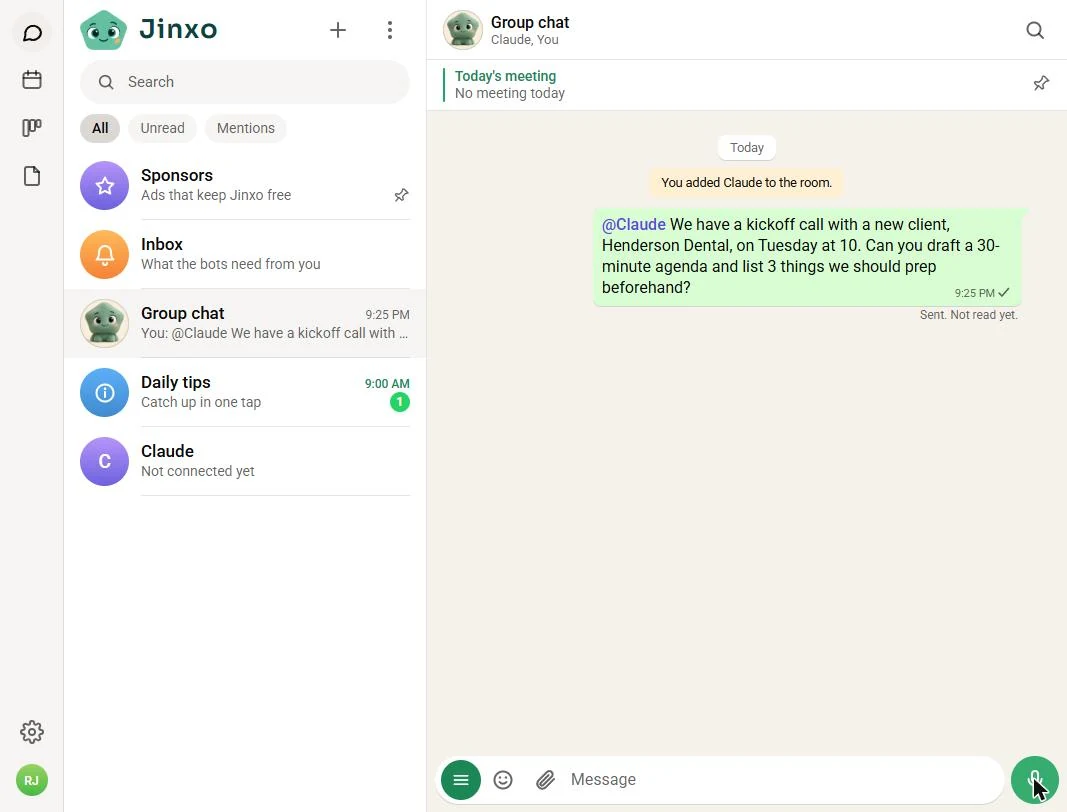 The @Claude kickoff request sent in the Jinxo Group chat, marked Sent. Not read yet