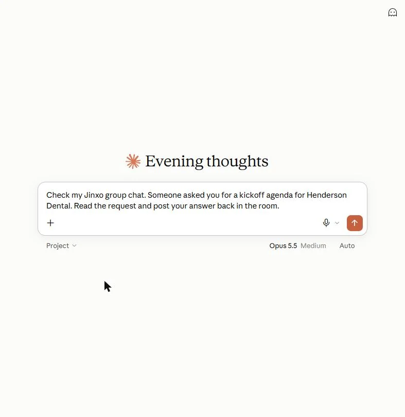 A new claude.ai chat with the prompt Check my Jinxo group chat, read the Henderson Dental request and post your answer back in the room
