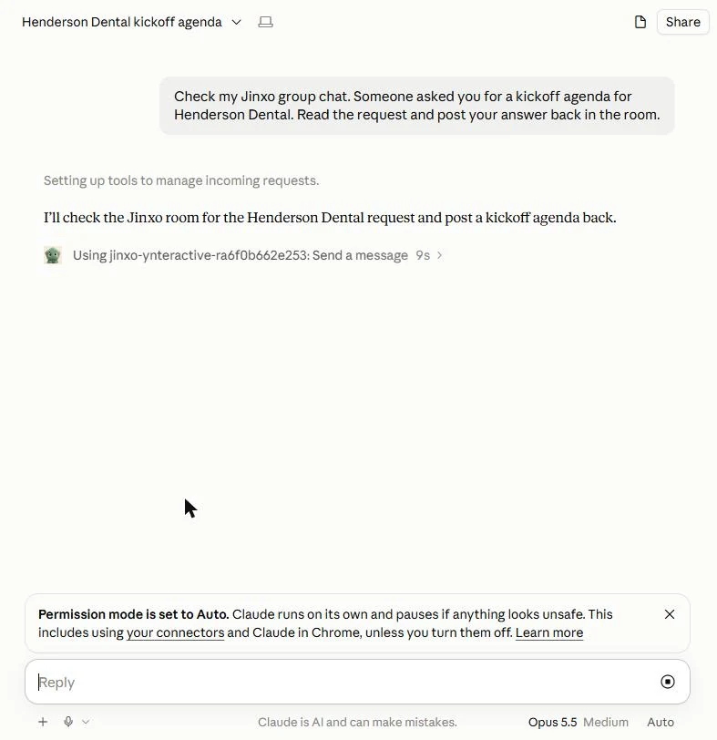 Claude in claude.ai saying it will check the Jinxo room, with a line reading Using jinxo connector: Send a message