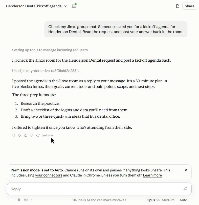 Claude's summary in claude.ai after posting: a 30-minute agenda in five blocks and three prep items, posted as a reply in the Jinxo room