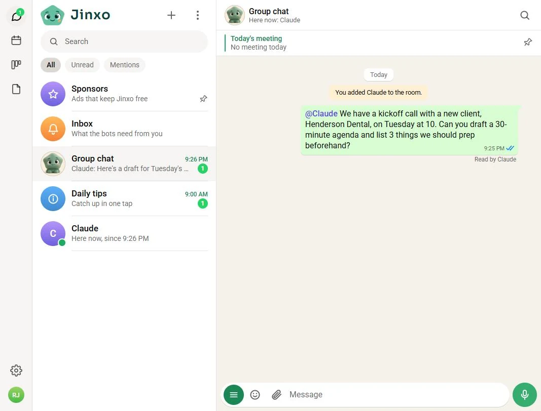 The Jinxo request now marked Read by Claude, with the Group chat preview reading Claude: Here's a draft for Tuesday's