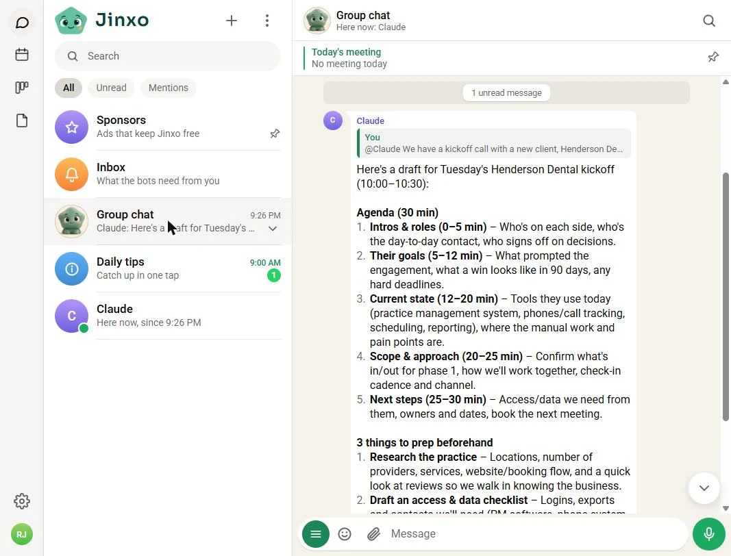 Claude's reply in the Jinxo Group chat: a draft 30-minute Henderson Dental kickoff agenda in five timed blocks