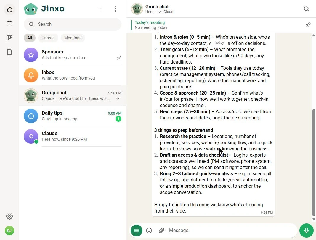 The end of Claude's Jinxo reply: 3 things to prep beforehand and an offer to tighten the agenda once attendees are known