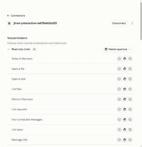 The claude.ai connector page for the Jinxo connector with a Disconnect button and Tool permissions listing read-only tools set to Needs approval, connection link removed