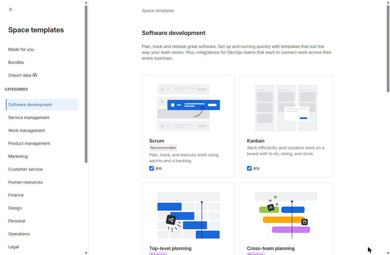 Jira Software development space templates: Scrum and Kanban