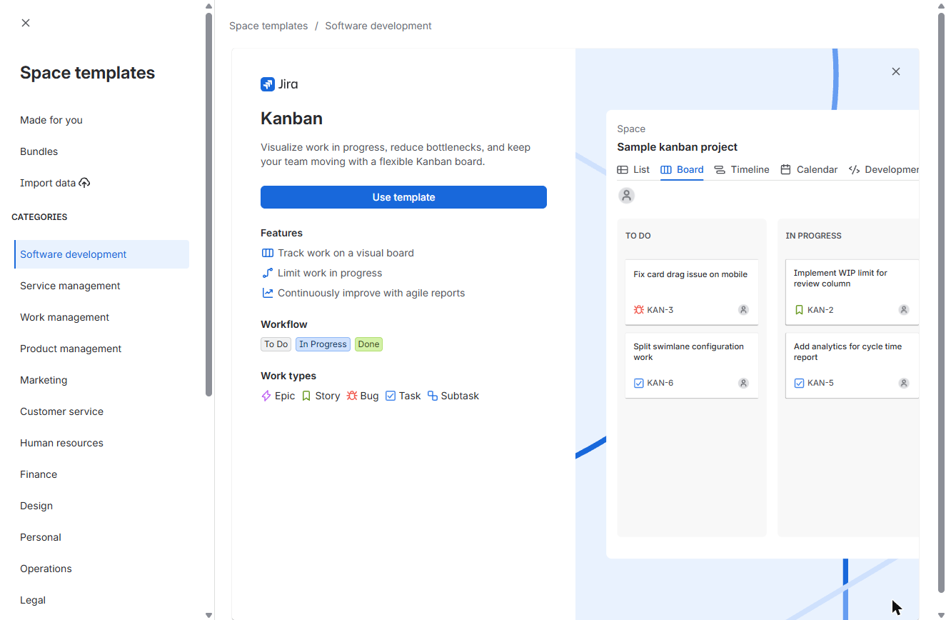 Jira Kanban template preview with Use template and Limit work in progress