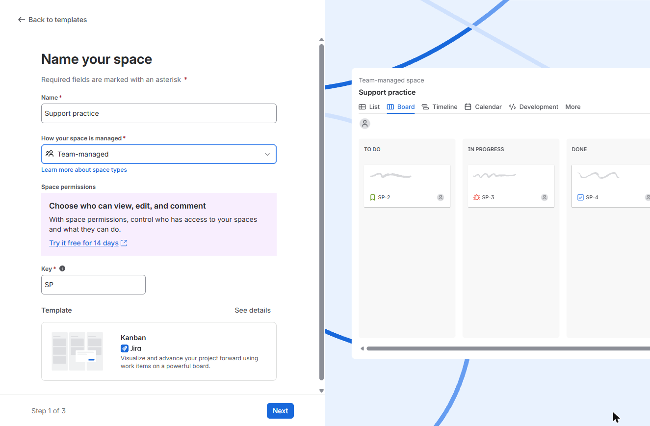 Jira Name your space form: Support practice, Team-managed, key SP, Kanban template
