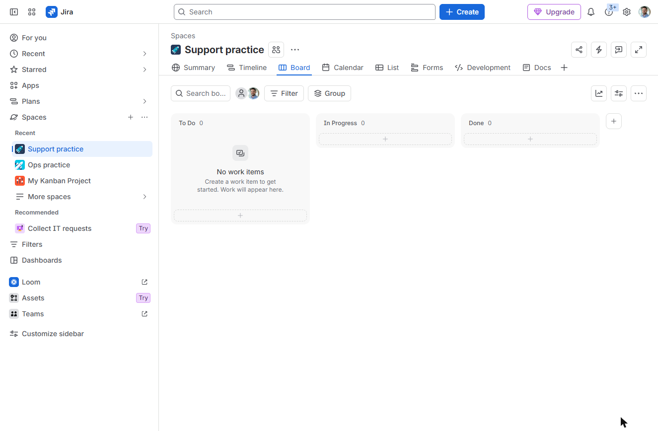 Empty Jira Kanban board with To Do, In Progress and Done columns