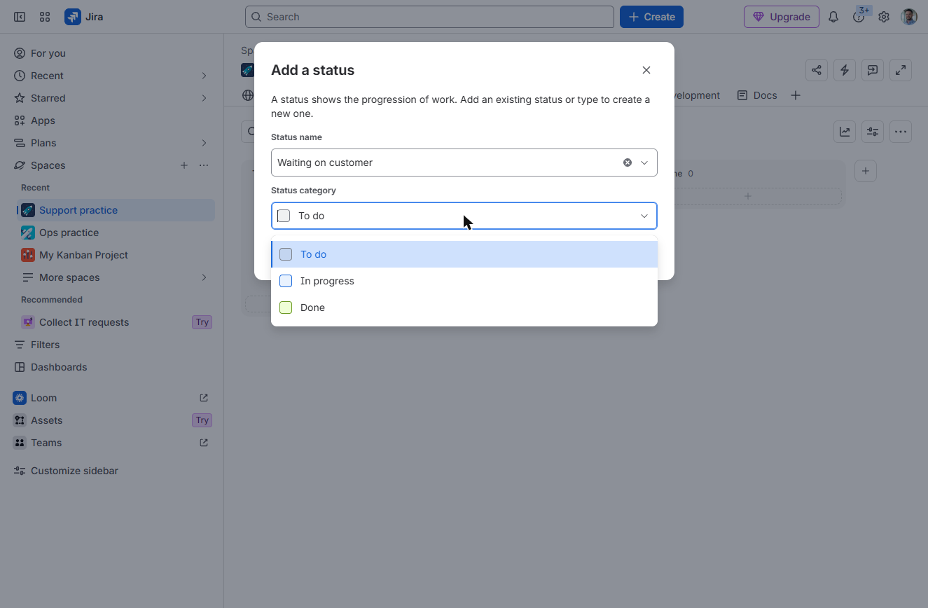 Jira status category list: To do, In progress, Done