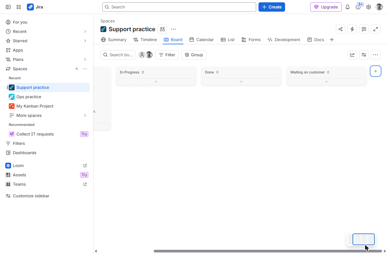 Jira board with the new Waiting on customer column after Done