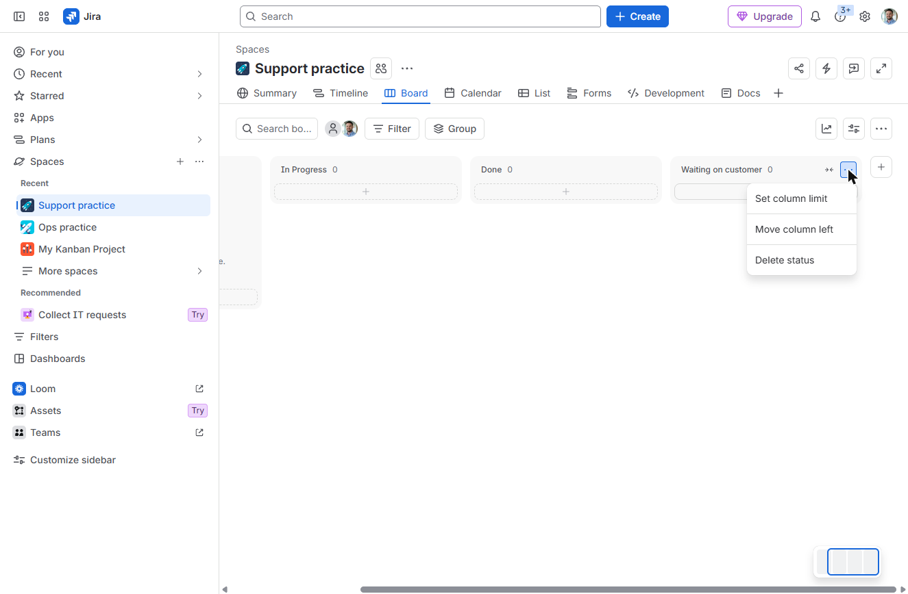 Jira column menu: Set column limit, Move column left, Delete status