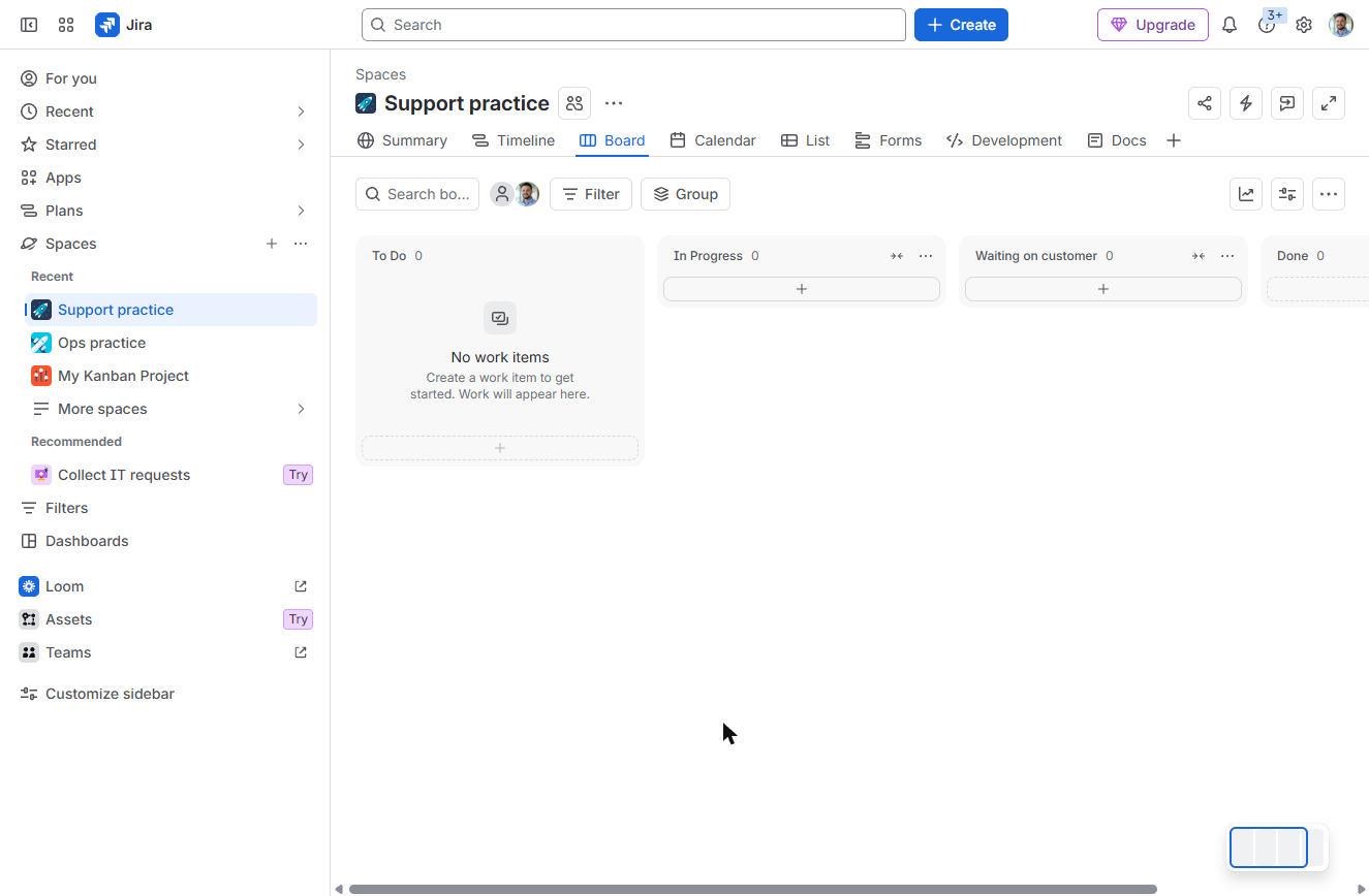 Jira board columns To Do, In Progress, Waiting on customer, Done