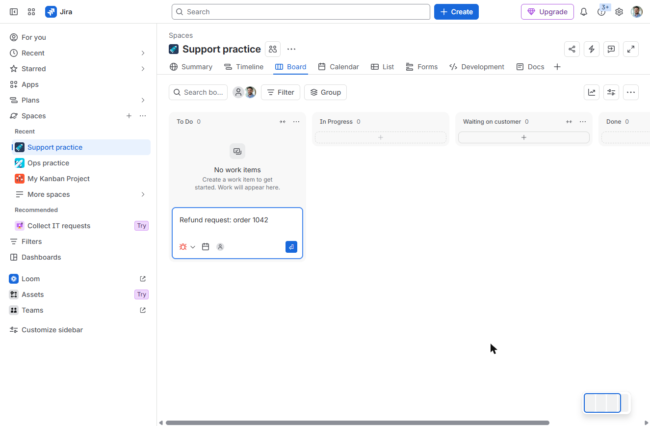 A support request typed into the Jira To Do create box