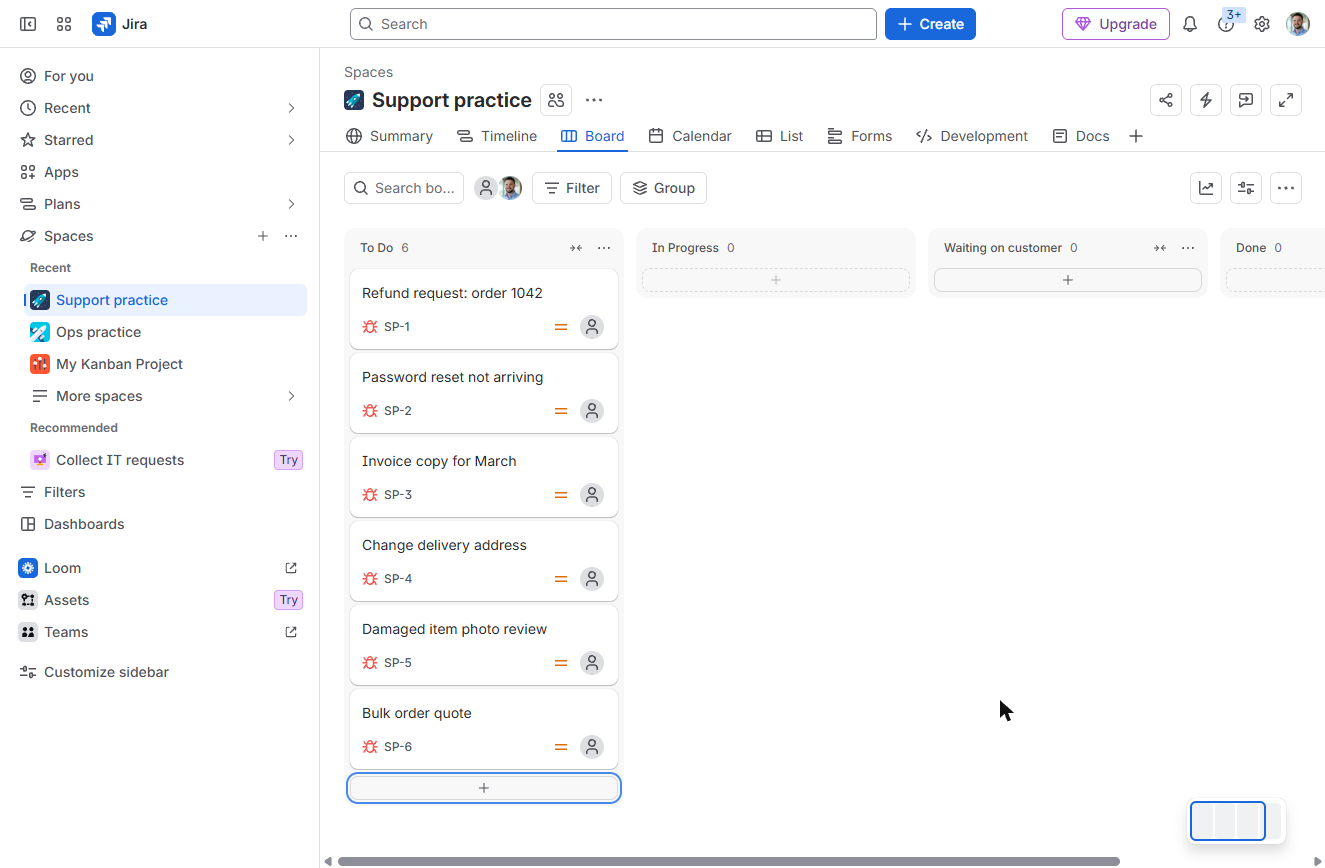 Six support requests SP-1 to SP-6 in the Jira To Do column