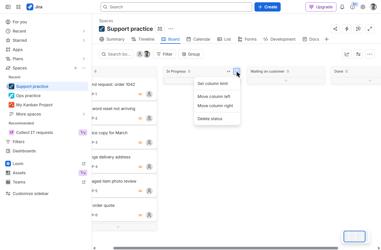 Jira In Progress column menu with Set column limit