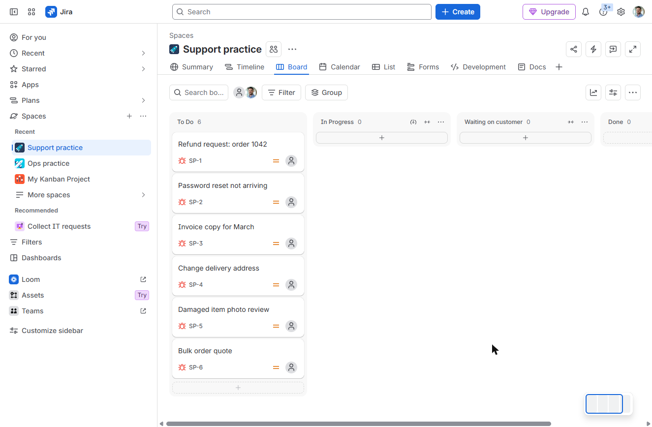 Jira In Progress column with a column limit icon