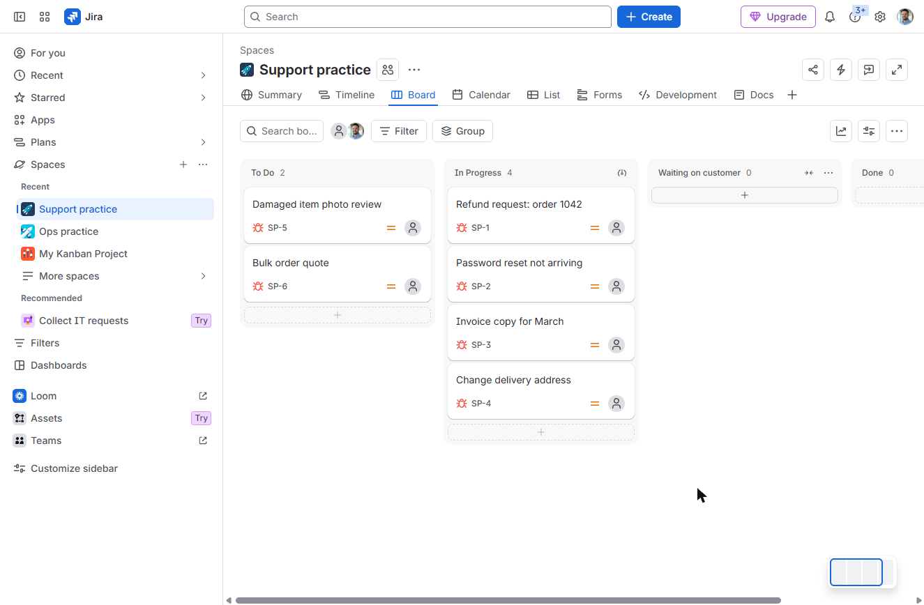 Jira In Progress column holding 4 requests, at its limit