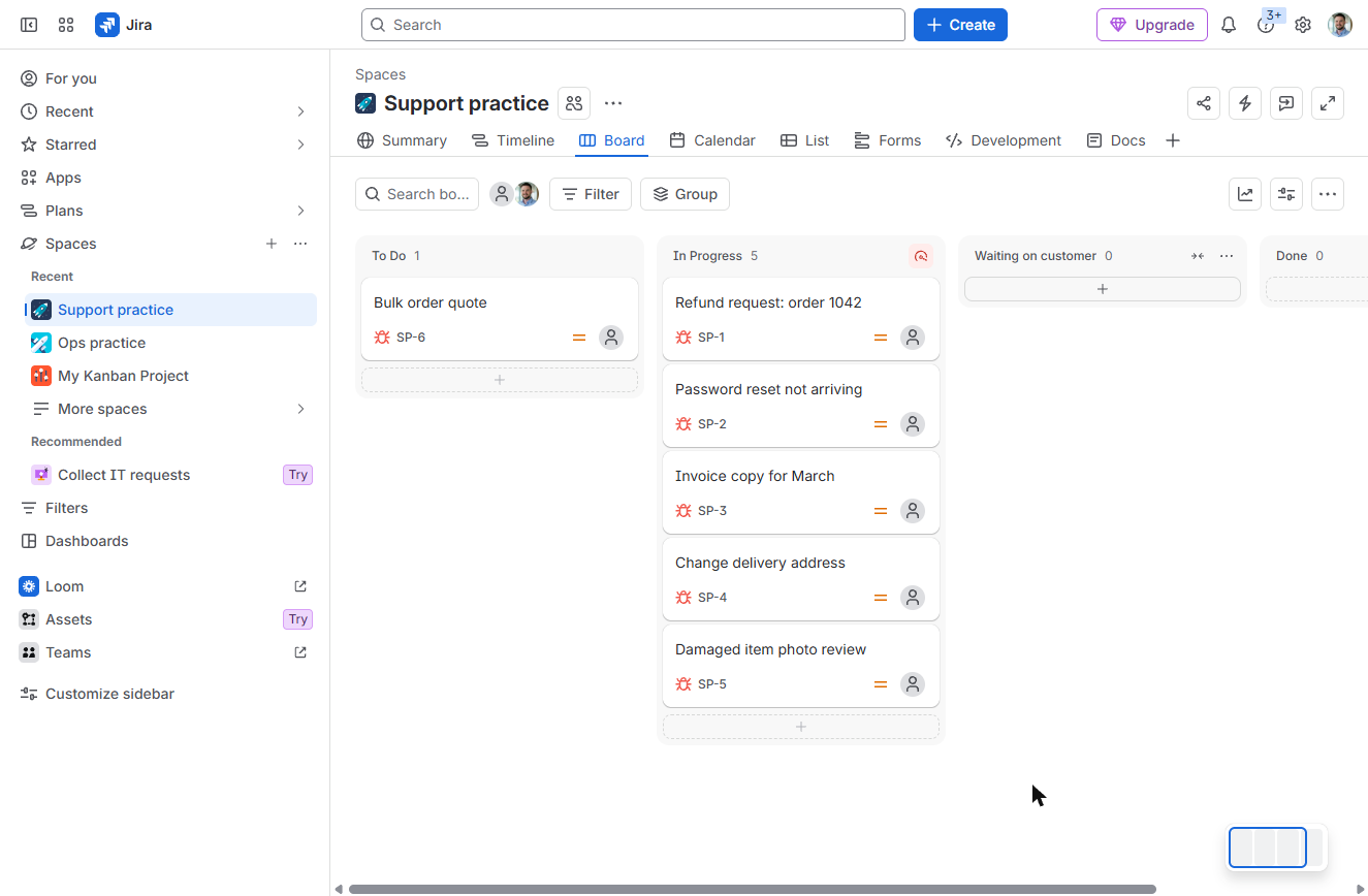Jira In Progress column with 5 requests and a red limit warning icon
