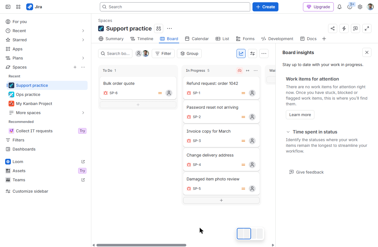 Jira Board insights panel with Time spent in status