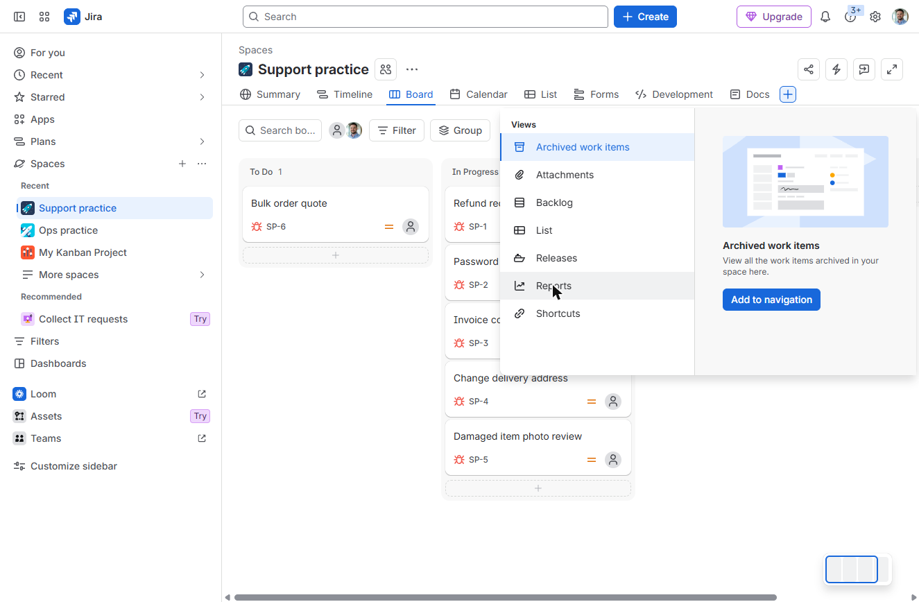Jira add view menu with Reports