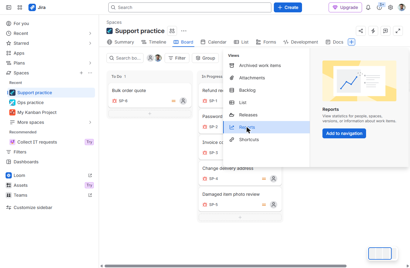 Jira Reports view with an Add to navigation button