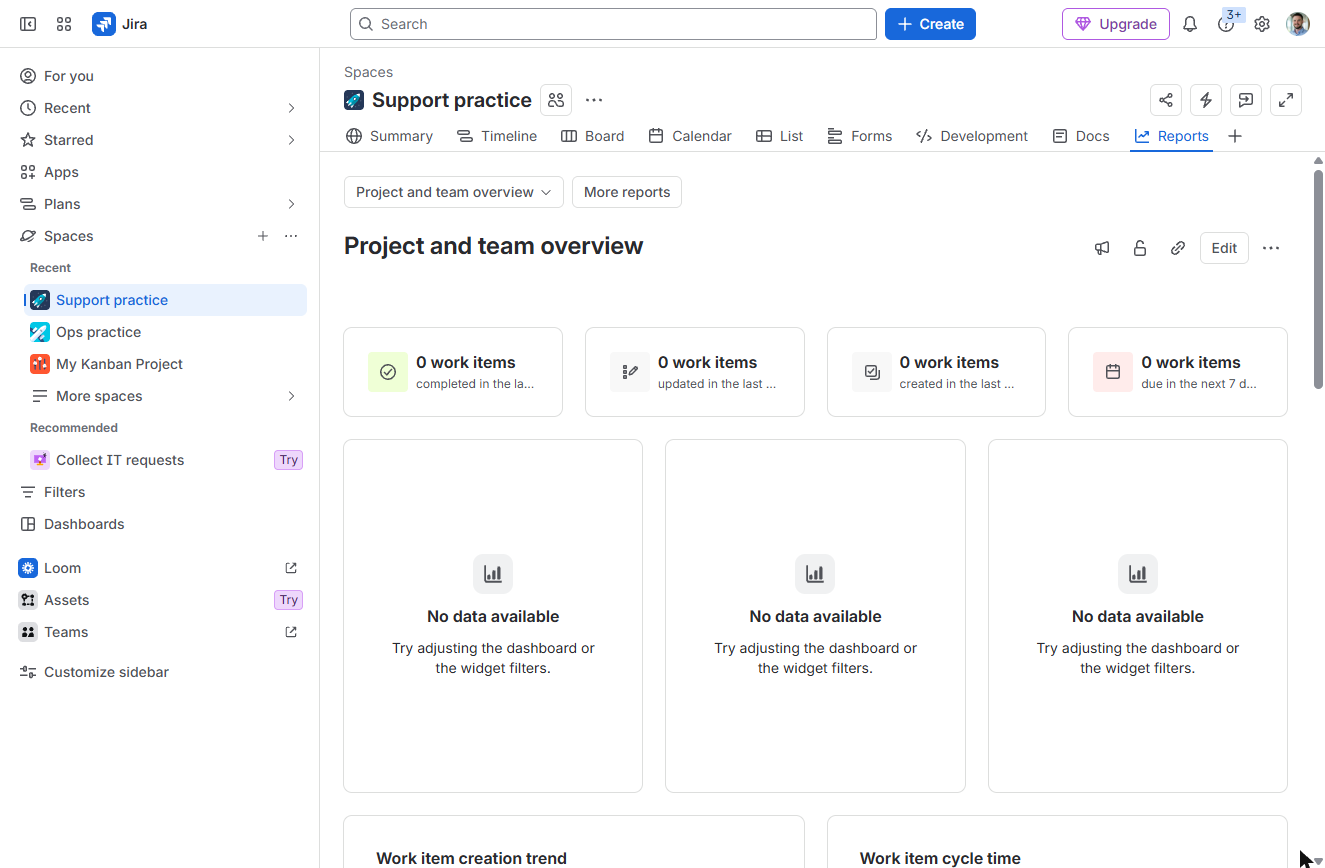 Jira Reports tab: Project and team overview