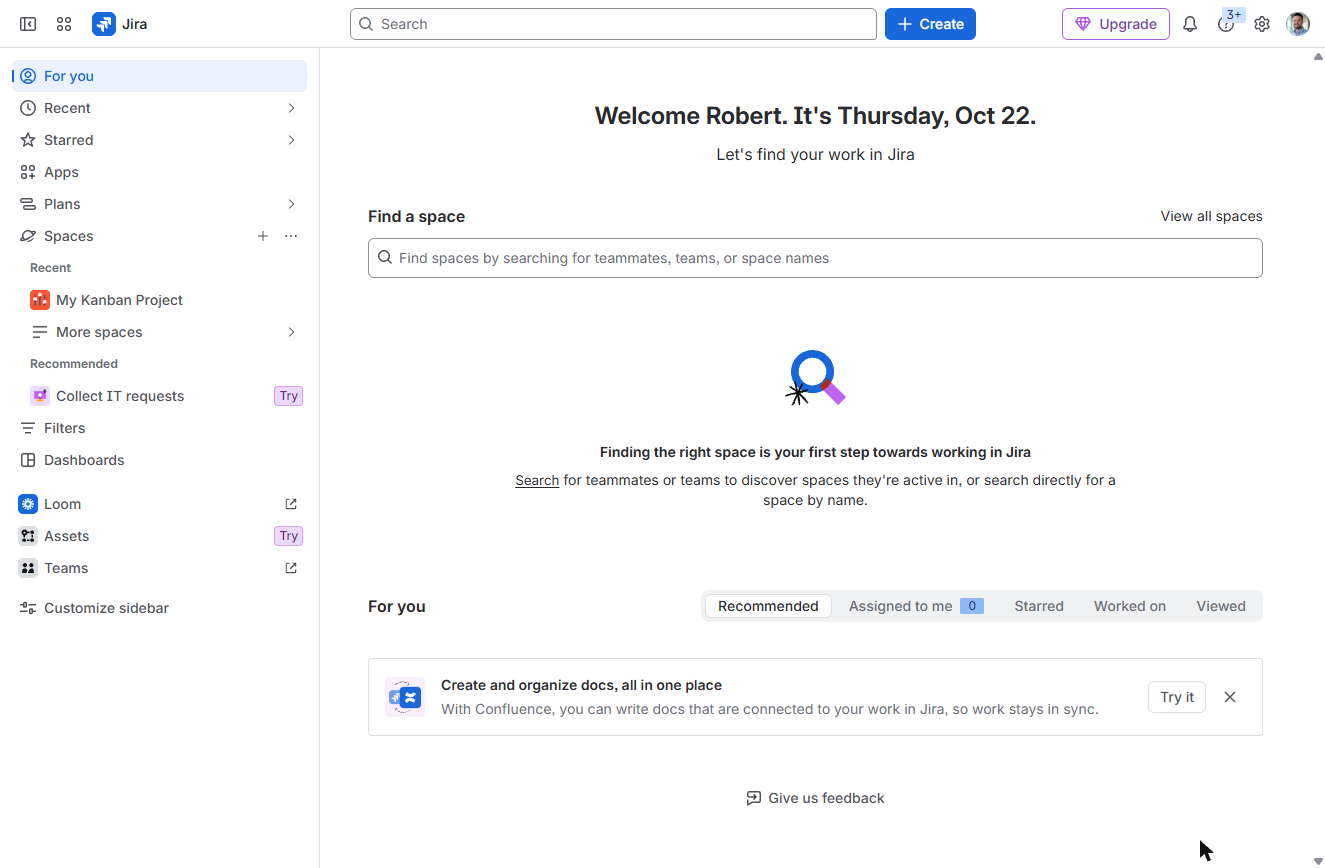 Jira For you page with Spaces in the sidebar and the + Create space button