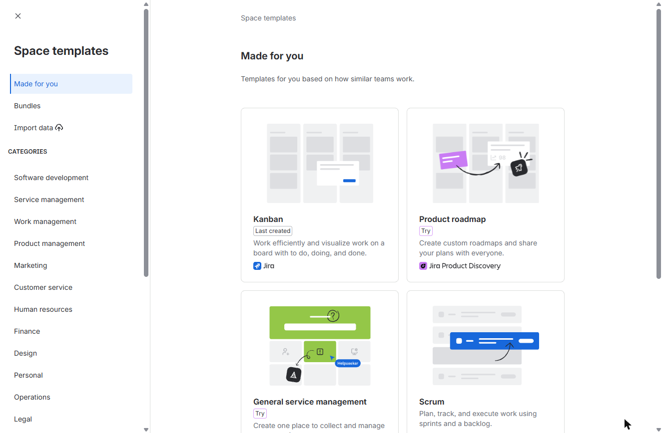 Jira space templates gallery with categories such as Software development