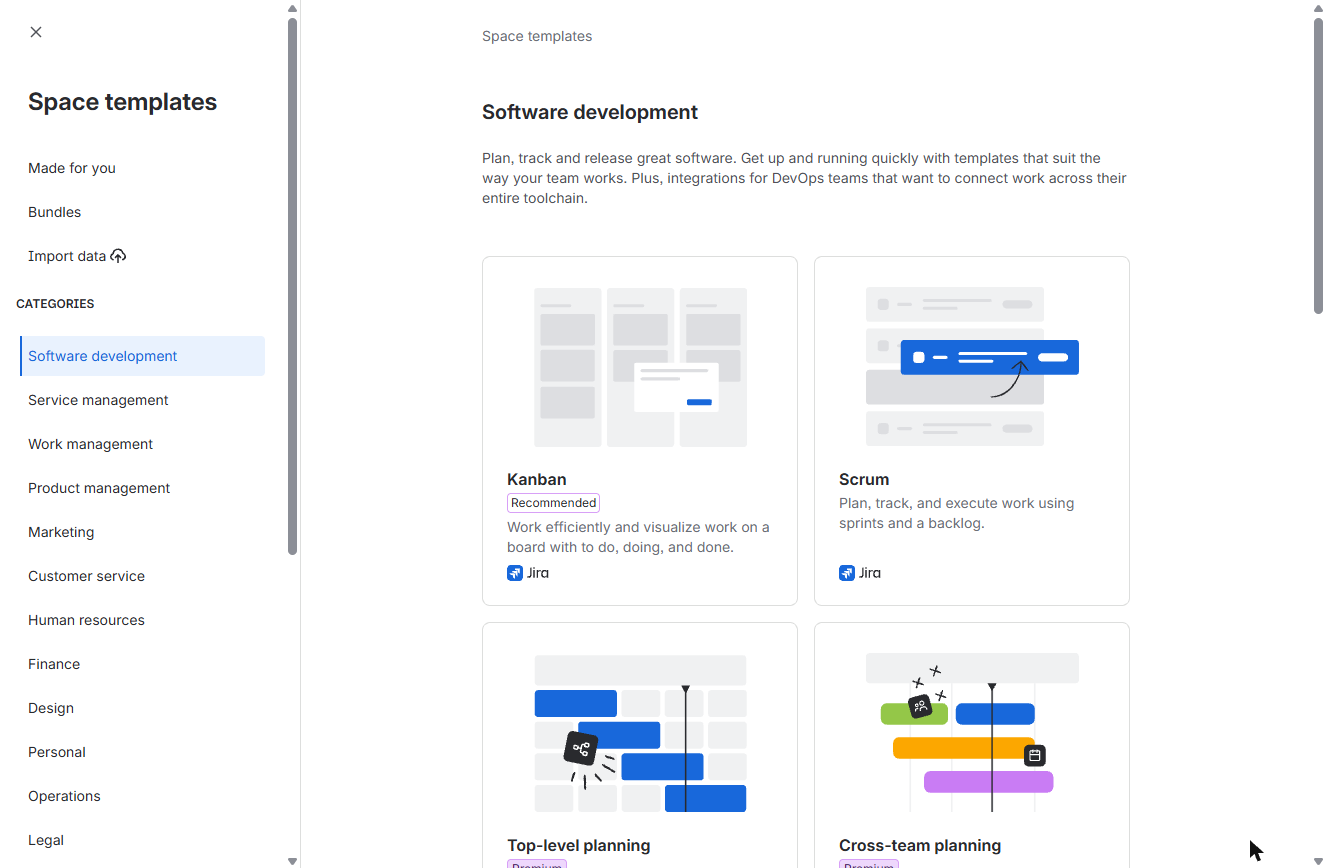Jira Software development templates: Kanban and Scrum