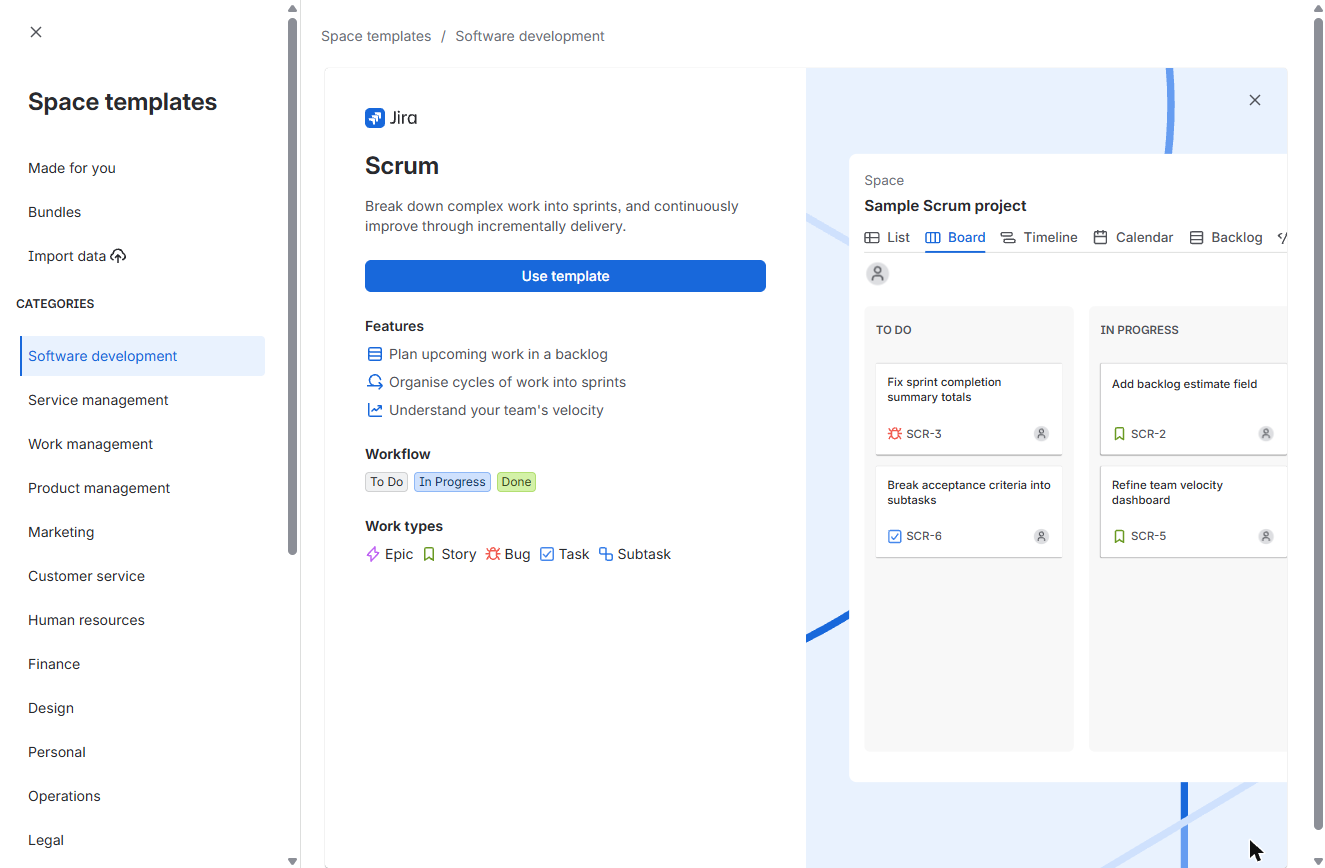 Jira Scrum template preview with a Use template button, workflow To Do, In Progress, Done