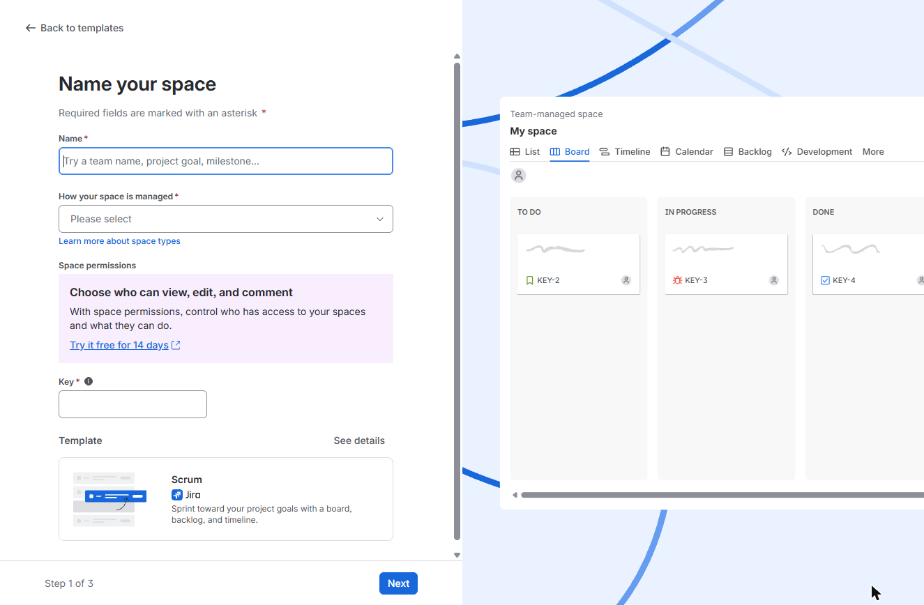 Jira Name your space form with Name, How your space is managed and Key