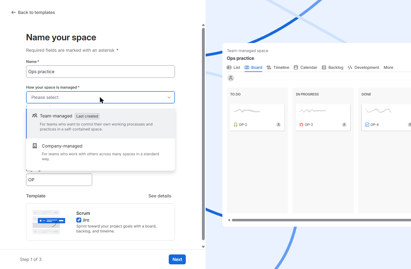 Jira space named Ops practice with Team-managed and Company-managed options