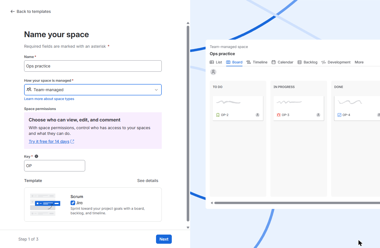 Jira Ops practice space form filled in: Team-managed, key OP, Scrum template
