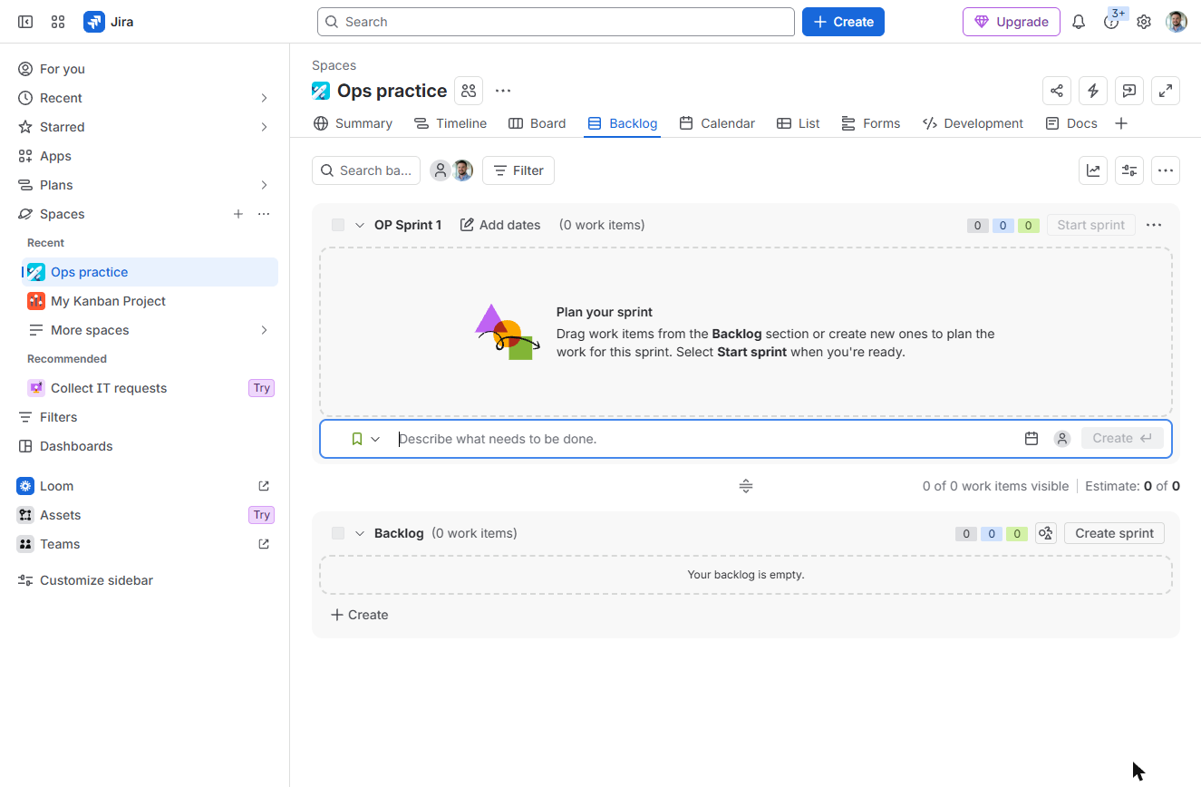 Jira backlog of the new Ops practice space with an empty OP Sprint 1 and an empty backlog