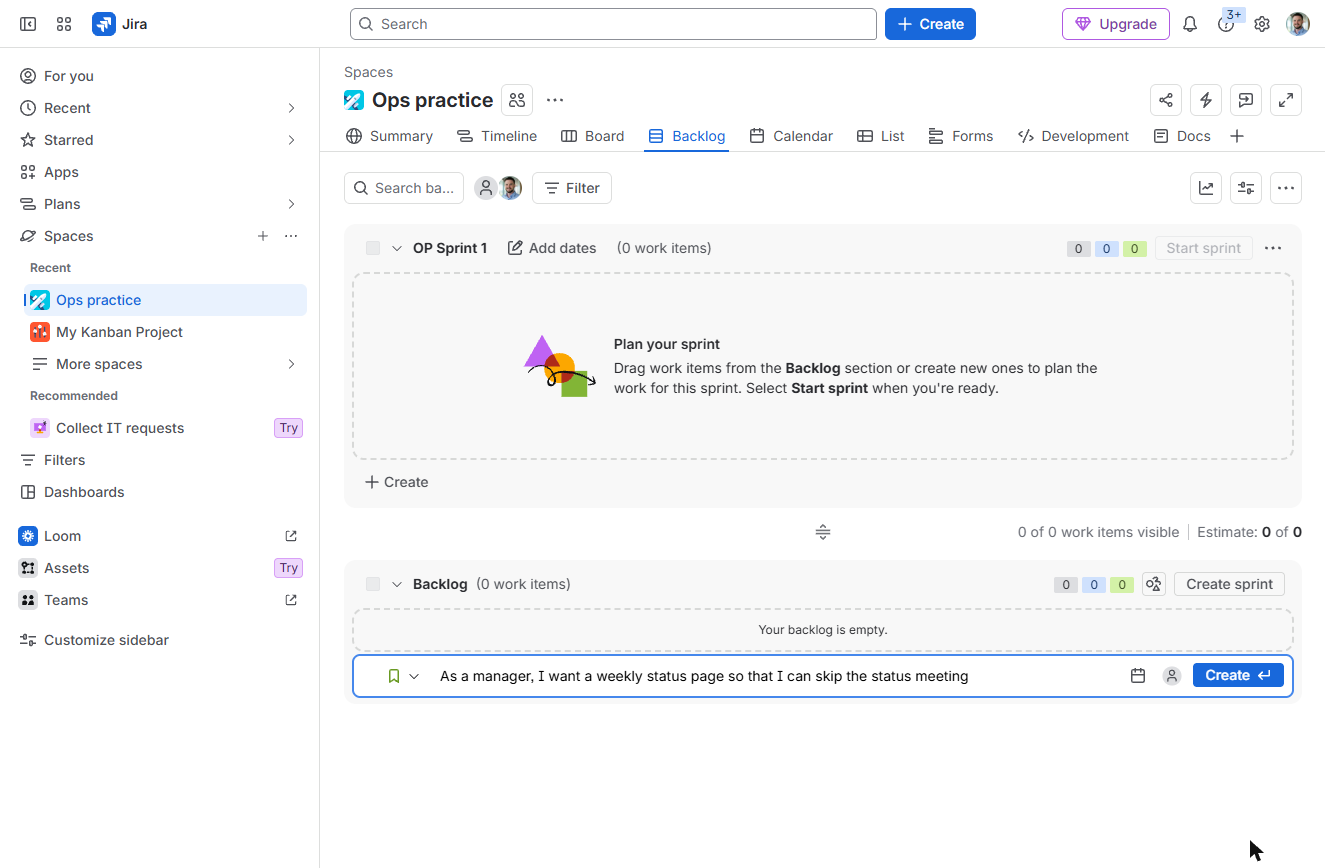 A user story typed into the Jira backlog create box