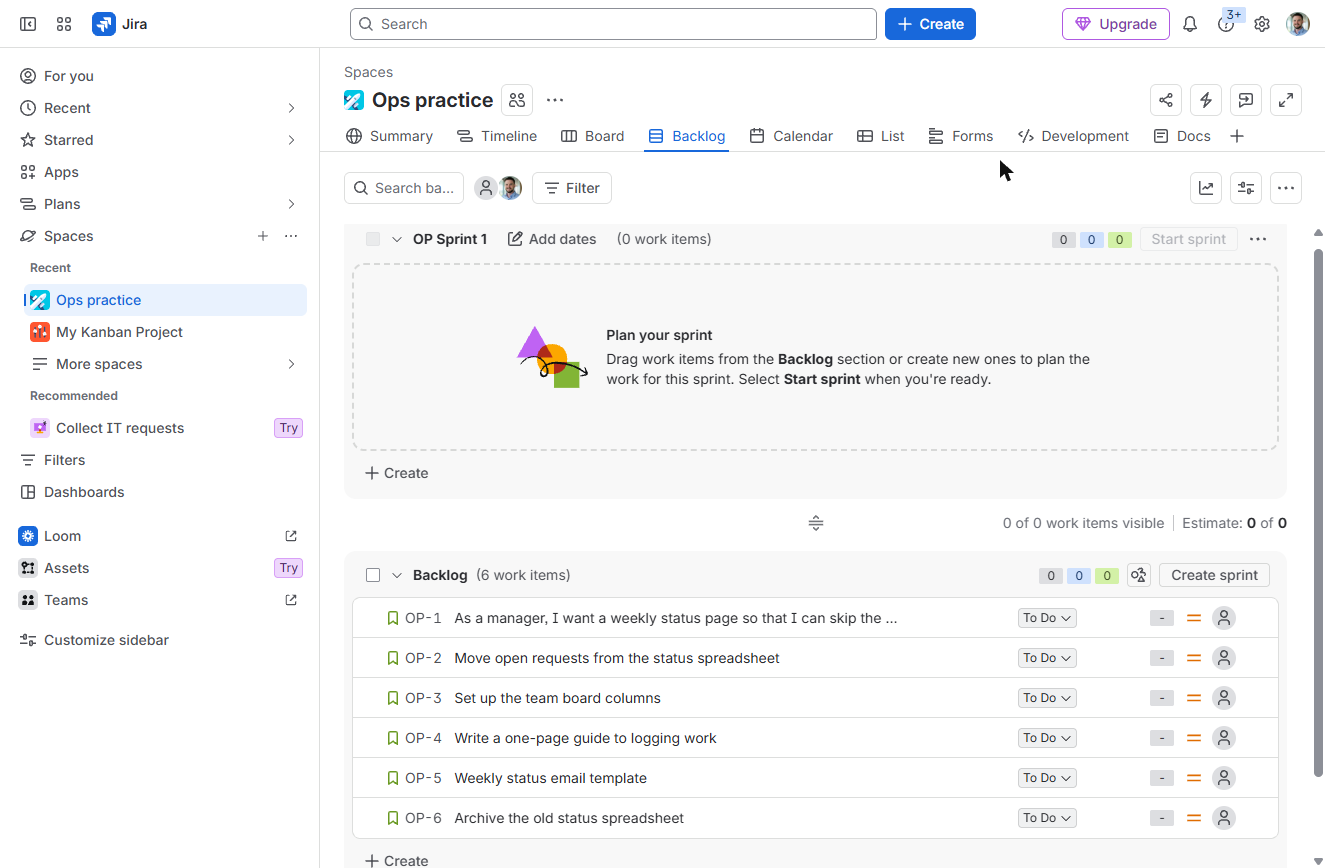 Jira backlog with six work items OP-1 to OP-6