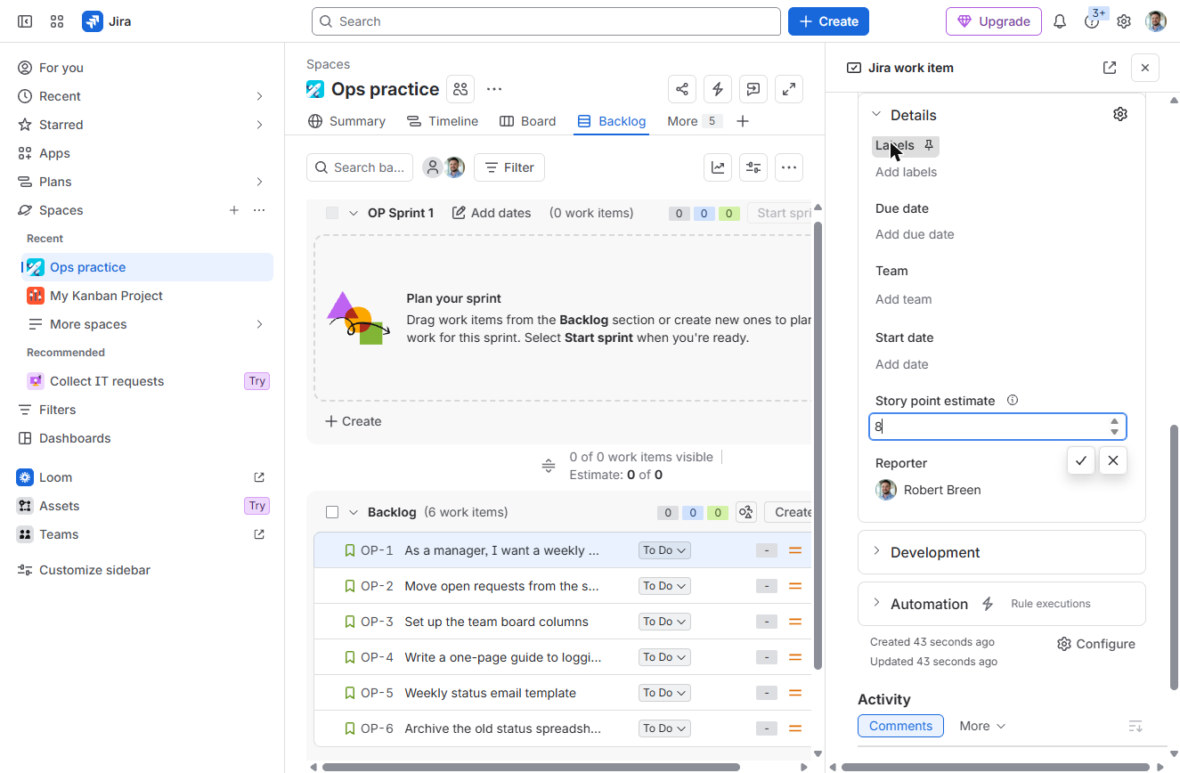 Jira work item details with Story point estimate set to 8