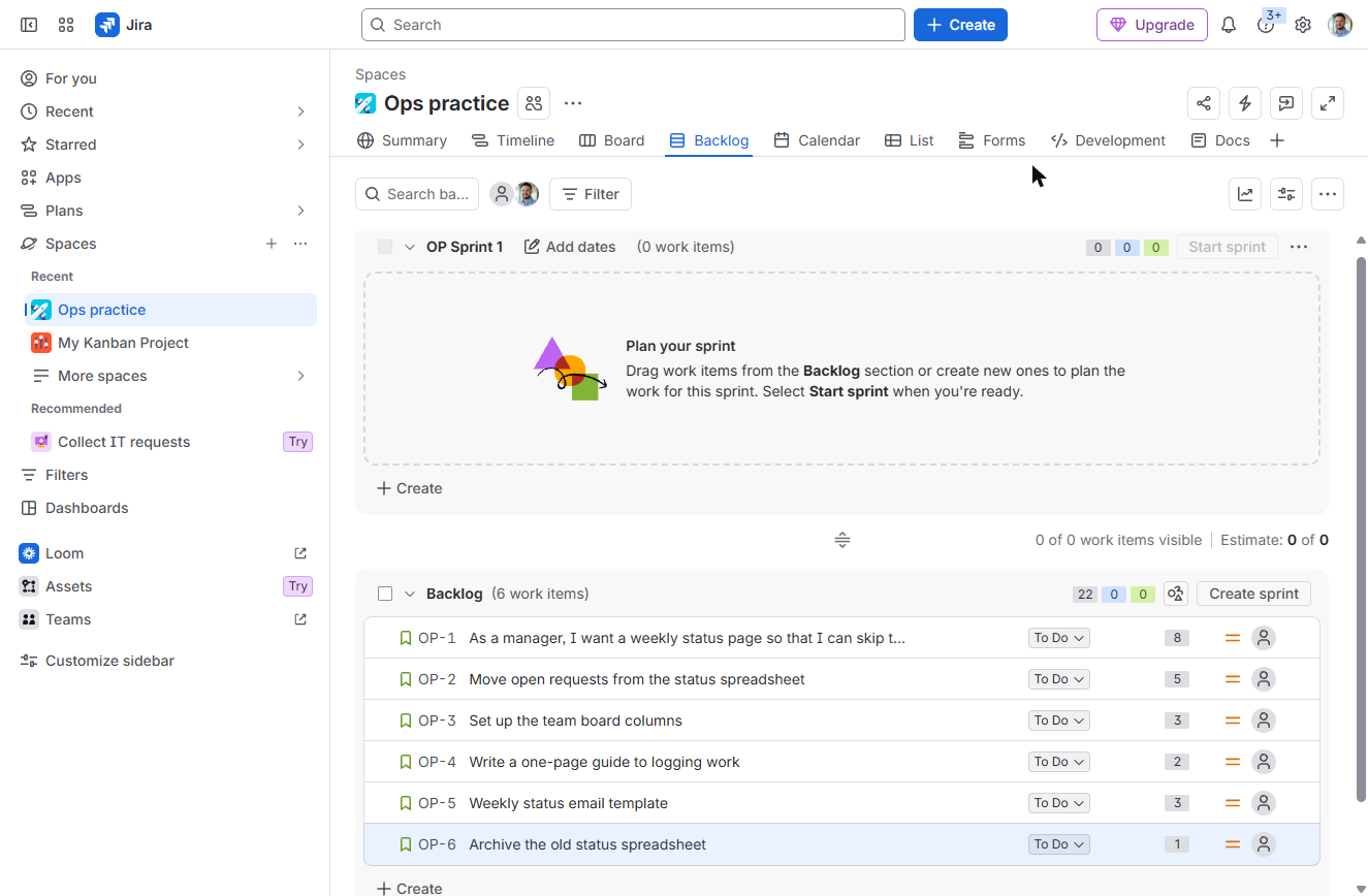 Jira backlog with story points 8, 5, 3, 2, 3 and 1, totalling 22