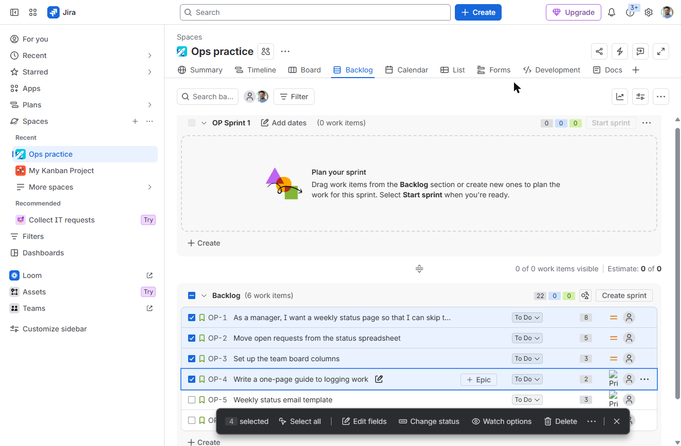 Four Jira backlog items selected, with the bulk actions bar