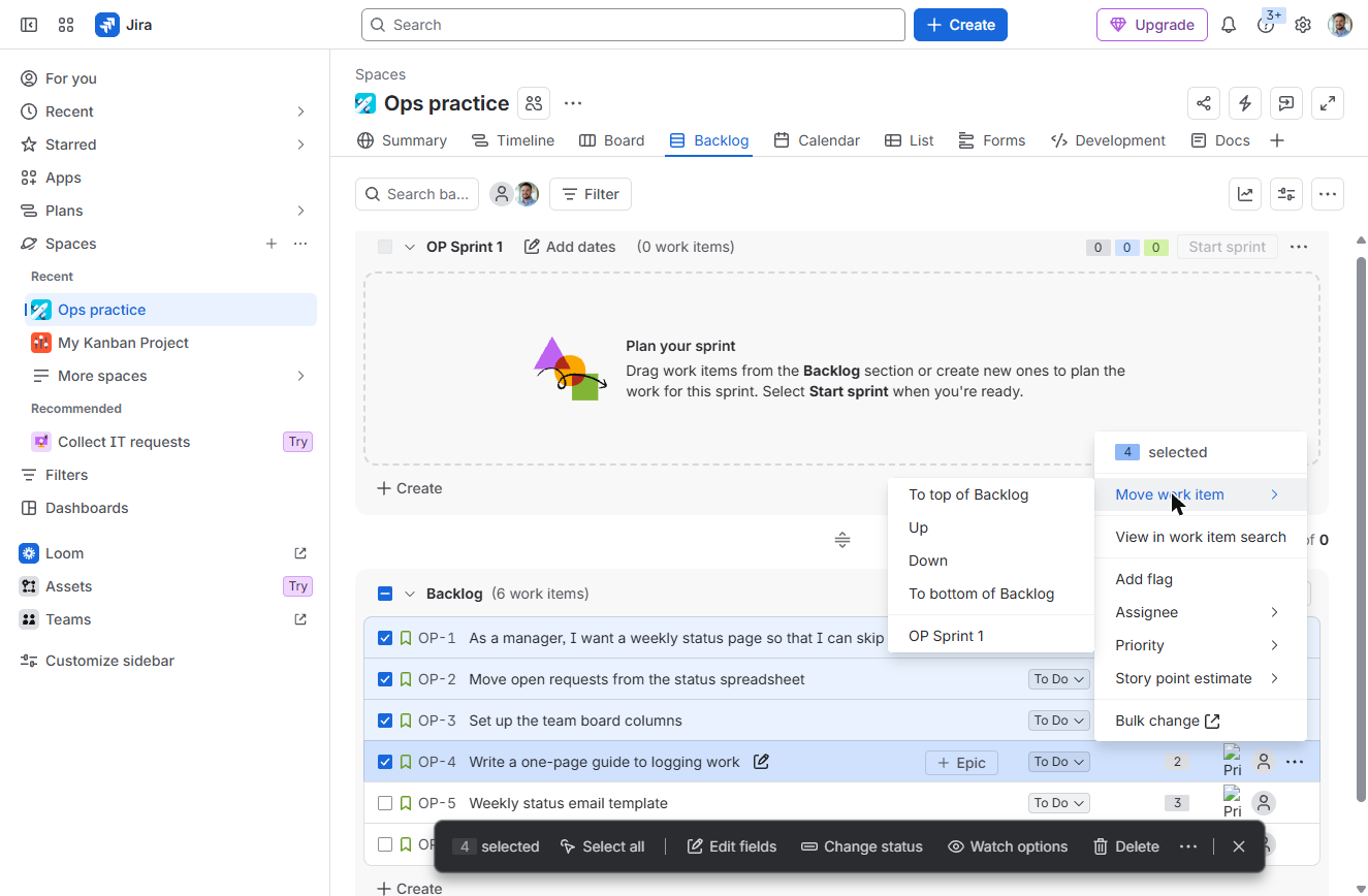 Jira Move work item menu with OP Sprint 1