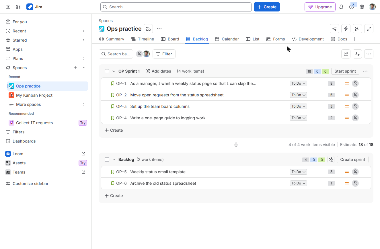 Jira OP Sprint 1 with four work items, estimate 18 of 18, and a Start sprint button