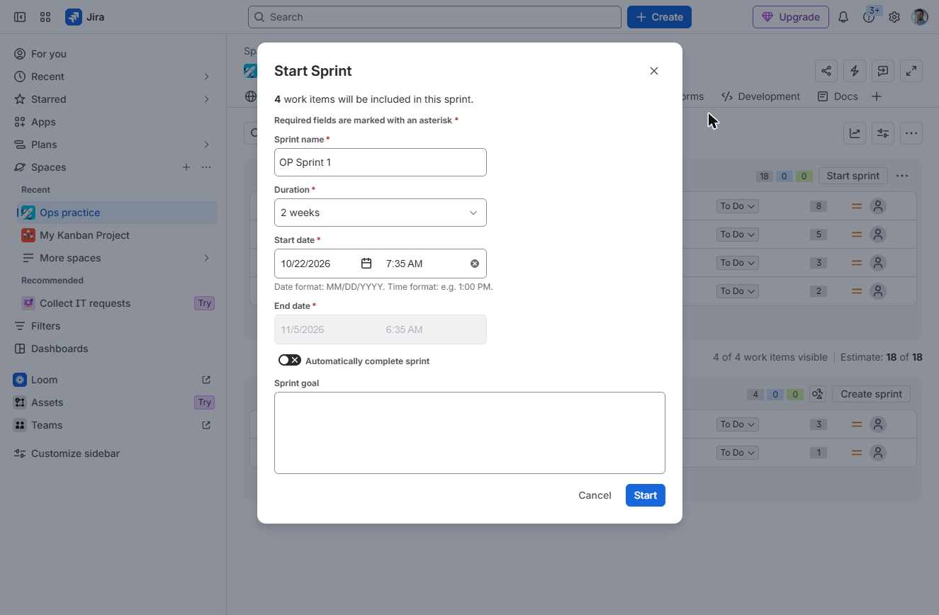 Jira Start Sprint dialog: OP Sprint 1, 2 weeks, start and end dates, sprint goal