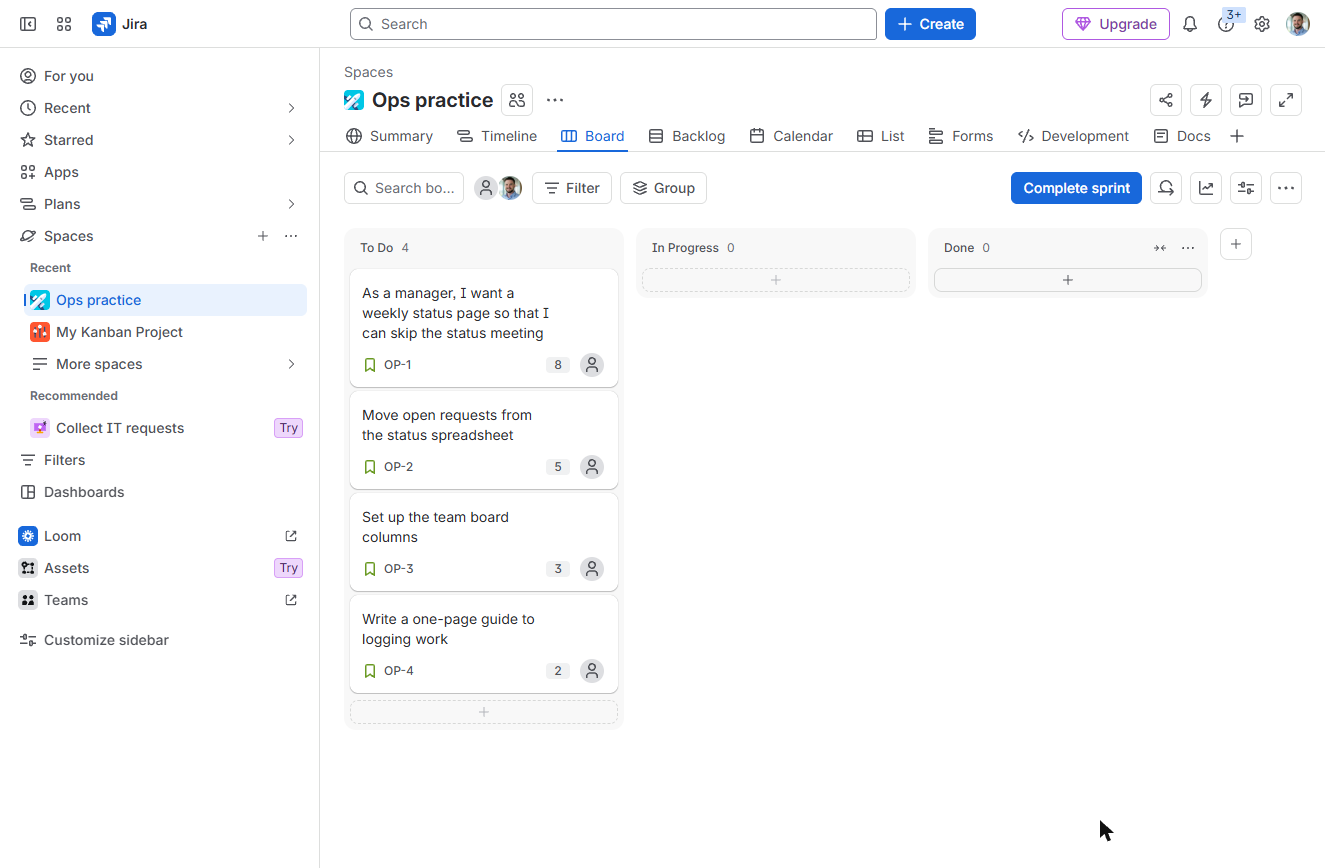 Jira sprint board with four cards in To Do and a Complete sprint button