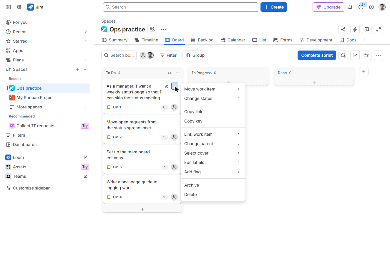 Jira card actions menu with Move work item and Change status