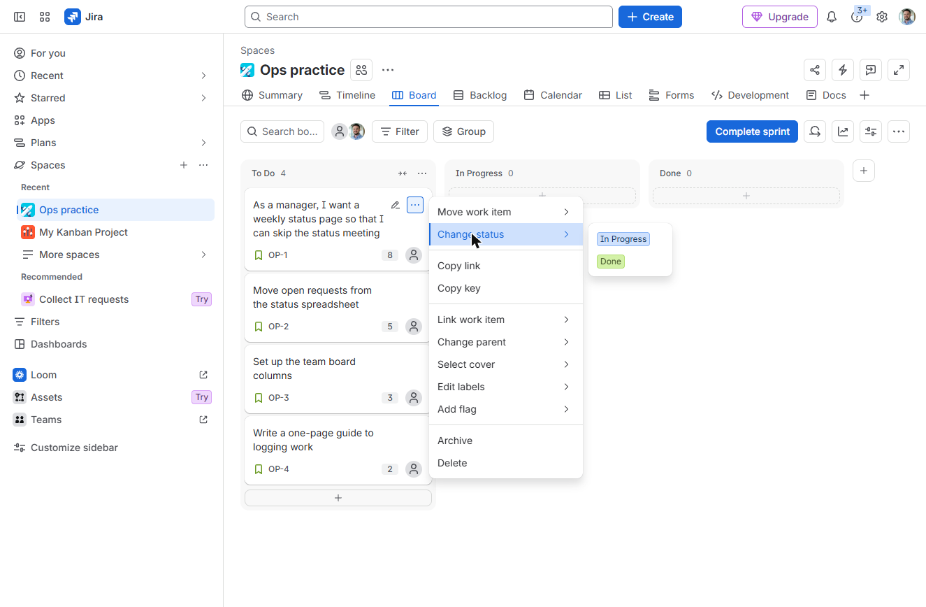 Jira Change status submenu with In Progress and Done