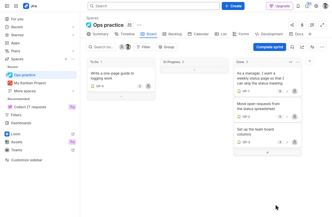 Jira board with three cards in Done and OP-4 still in To Do