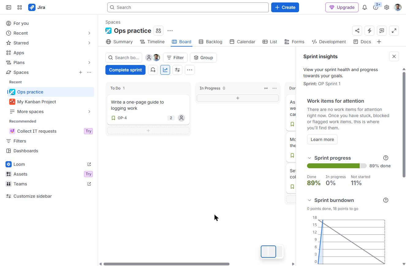 Jira Sprint insights: 89% done and the sprint burndown chart